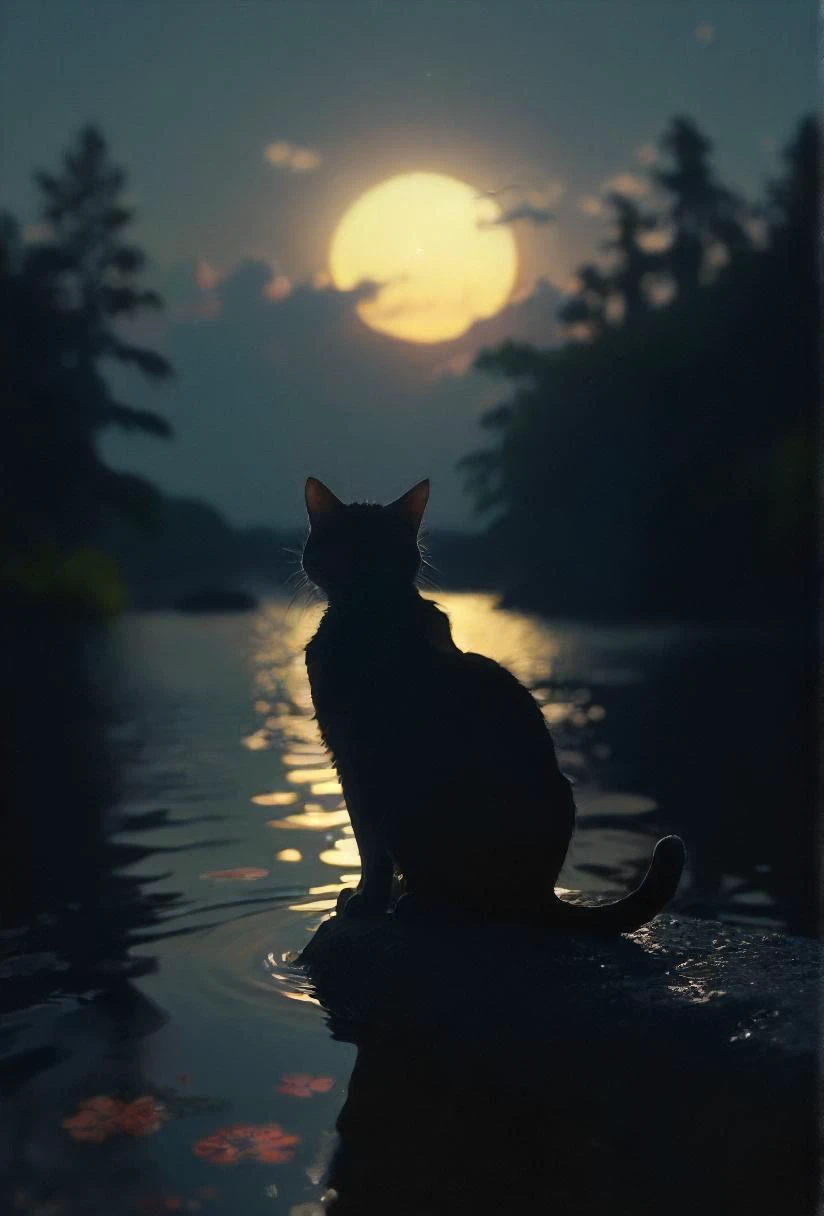 höfliche heitere Katze (Fisch:1.3) sich verabschieden, Dämmerung, Wasser, dunkel, ruhig, Realistisch, sehr detailliert, dunkel, Nachtzeit, Hintergrundbeleuchtung, sss,  