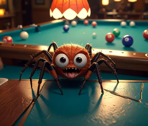 masterpiece, RAW photo, post processing, cinematic, anthropomorphic spider on a pool table, open mouth fangs, super-cute looking...