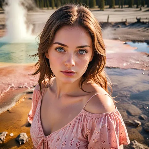 portrait of a beautiful woman's upper body at a geyser in yellowstone, pink spring dress, perfect eyes, in the style of polaroid...