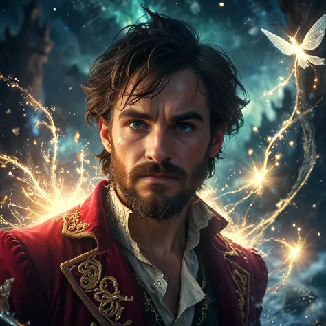 best quality, cinematic, post processing, a close up of bearded captain hook being surprised with a blast of pixie dust of face by the small fairy Tinkerbell at sea at night, symmetrical, dynamic lighting and shadows, vibrant, high contrast, 16K, masterpiece