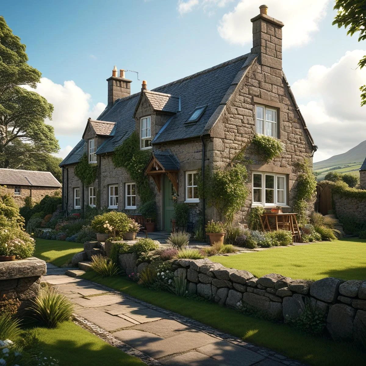 best quality, photorealistic, accurate, ultra realistic, RAW image, a beautiful cottage, Scotland coastal village, (sharp focus:1.2), extremely detailed, 16mm, , symmetrical, dynamic lighting and shadows, vibrant, high contrast, 16K, ray tracing, cinematic