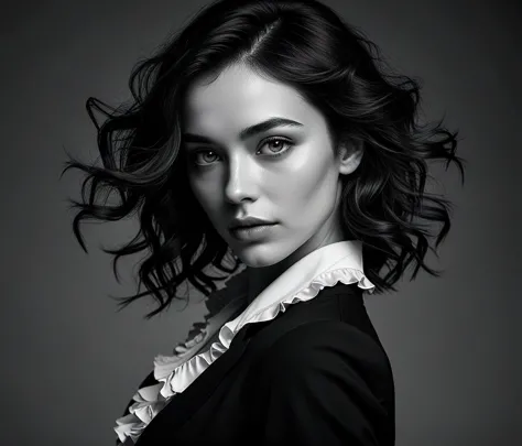masterpiece, symmetrical, post processing, cinematic, generate a black and white portrait of an elegant woman exuding confidence...