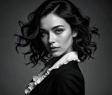 masterpiece, symmetrical, post processing, cinematic, generate a black and white portrait of an elegant woman exuding confidence and grace. She has shoulder-length hair that gently curls at the tips and a soft, approachable expression. The face skin is realistic and contains natural lines for a woman of the age around 35 years. Her eyes are expressive and highlighted with subtle makeup, paired with softly defined lips. She is wearing a sophisticated black blazer with unique ruffled lapels, signaling a professional yet stylish demeanor. Her hands are folded in front of her in a relaxed, self-assured pose. The portrait features soft lighting that casts a gentle shadow on one side of her face, enhancing her features against a pitch-black background, conveying depth and focus on her poised appearance, film like, vibrant, high contrast, ray tracing, highest quality