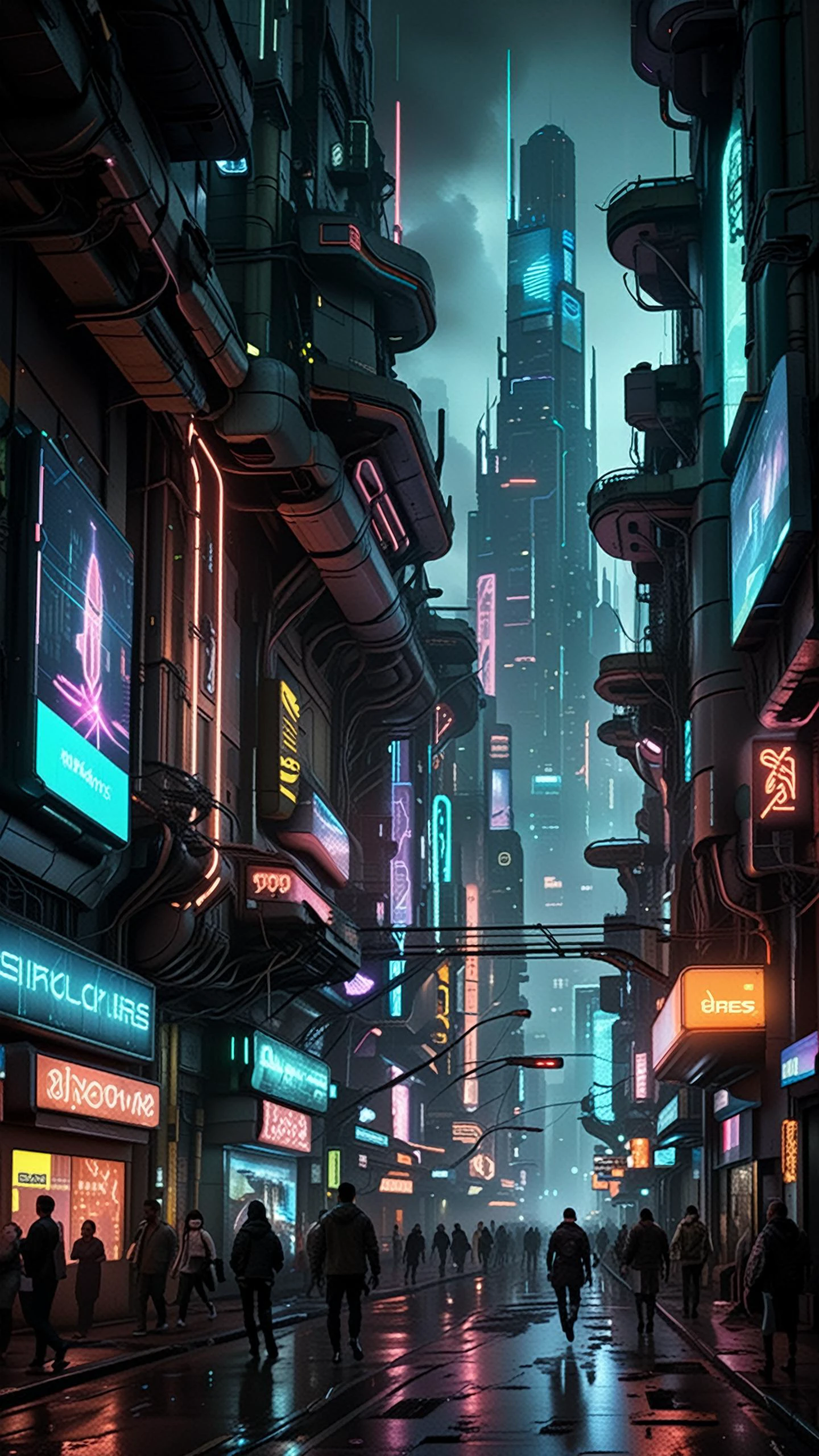 scène de ville cyberpunk super détaillée se déroulant dans un futur dystopique où d&#39;imposants gratte-ciel percent le ciel rempli de smog, projetant de longues ombres sur des rues éclairées au néon et remplies de panneaux d&#39;affichage de réalité augmentée et de publicités holographiques. Décrivez les ruelles labyrinthiques bordées d&#39;enseignes au néon scintillantes, où la vapeur s&#39;élève des grilles du trottoir et où l&#39;air est chargé de l&#39;odeur de la nourriture de rue frite et des polluants industriels. au loin, les sièges sociaux des mégacorporations se dressent comme des forteresses monolithiques, leurs façades ornées de logos lumineux et de caméras de surveillance. au-dessus de, des aérocars élégants filent dans les airs, laissant des traînées de lumière chatoyante sur fond de bâtiments imposants ornés d&#39;améliorations cybernétiques complexes. Au milieu du chaos, amélioré cybernétiquement (foules:3.2) des personnes dotées d&#39;implants lumineux et de membres augmentés naviguent dans les rues animées, leurs visages illuminés par la lueur étrange des néons alors qu&#39;ils interagissent avec des interfaces holographiques et des superpositions de réalité virtuelle  