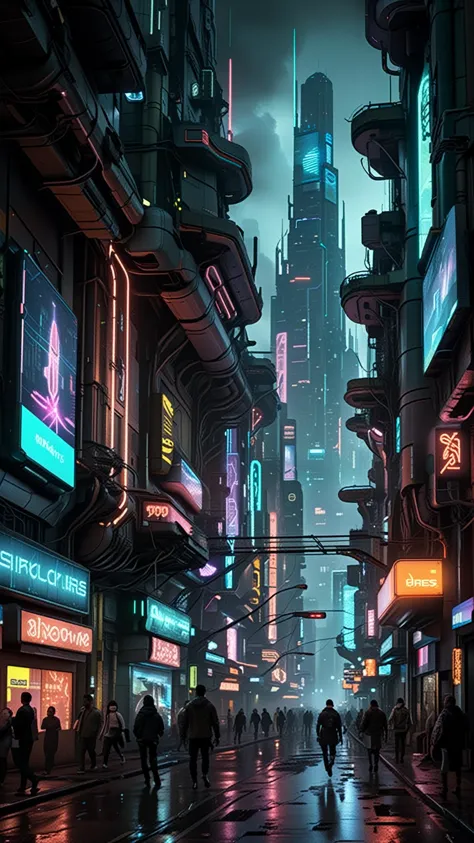 super detailed cyberpunk city scene set in a dystopian future where towering skyscrapers pierce the smog-filled sky, casting long shadows over neon-lit streets bustling with augmented reality billboards and holographic advertisements. Describe the labyrinthine alleyways lined with flickering neon signs, where steam rises from grates in the pavement and the air is thick with the scent of fried street food and industrial pollutants. In the distance, megacorporation headquarters loom like monolithic fortresses, their facades adorned with glowing logos and surveillance cameras. Above, sleek hovercars zip through the air, leaving trails of shimmering light against the backdrop of towering buildings adorned with intricate cybernetic enhancements. Amidst the chaos, cybernetically enhanced (crowds:3.2) of individuals with glowing implants and augmented limbs navigate the bustling streets, their faces illuminated by the eerie glow of neon lights as they interact with holographic interfaces and virtual reality overlays  <lora:Cyber_Background_sdxl:0.33>  <lora:d\EnvyTechnobrutalistXL01:0.33>  <lora:add-detail-xl:0.66> <lora:extremely_detailed:0.66>