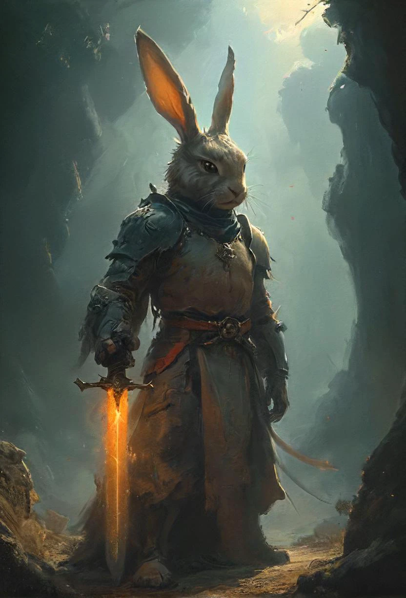 most fearsome cute rugged rabbit (swearing an oath:1.1) to bring eternal cuteness to this tainted dark lands, glowing sword, determination, looking into the distance, lost in thought,  epic angle, dynamic shadow play, (wast landscape backdrop:1.2), cinematic, sharp focus, vivid , simplified, intricate, 