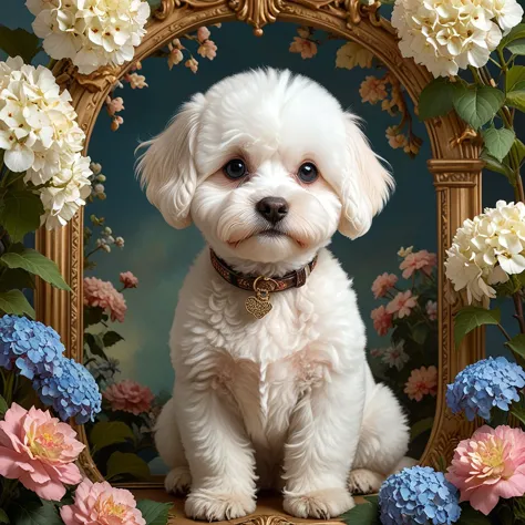 top-notch Digital artwork, zoomed out of a Mystifying (Bichon Frise:1.1) with Calico adornments, Hydrangea background, at Twilig...