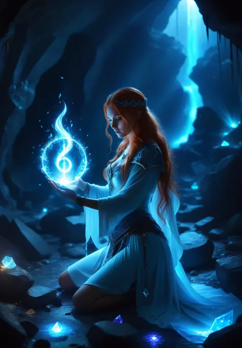 A mysterious sorceress with ancient runes glowing on her skin, casting a powerful spell in a dark, enchanted cave filled with ma...