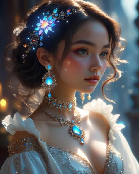 Cosmic 1girl, unearthly beauty, look at viewer, volumetric mystical light, exposed shoulders and neck, earrings, simple necklace...