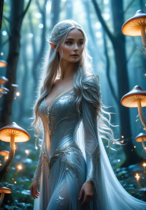 A beautiful elven princess with long flowing hair, wearing a shimmering silver gown, standing in an enchanted forest with glowin...