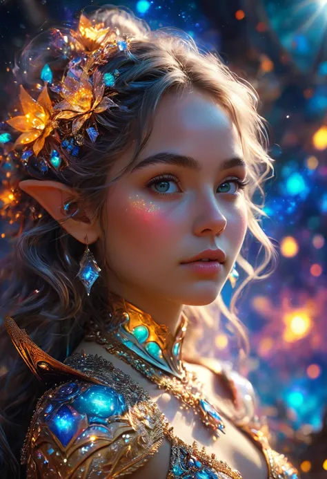 Cosmic elf, unearthly beauty. (8k detailed masterpiece, high brilliance in presentation, best possible image reproduction quality, best possible color depth, detailed depiction quality, excellent native resolution)