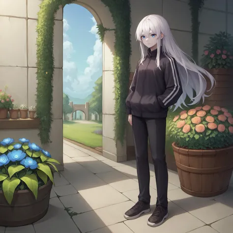 anime girl standing in front of a flower pot with flowers