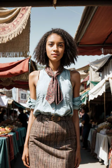 arafed woman in a skirt and tie standing in a market