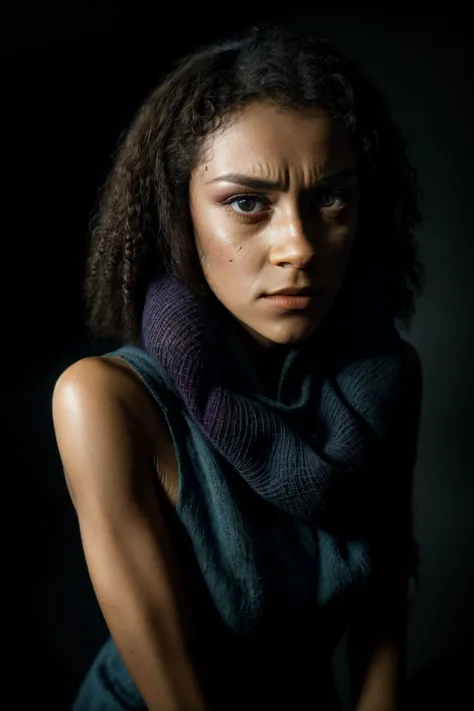 a woman with a scarf on her neck and a dark background