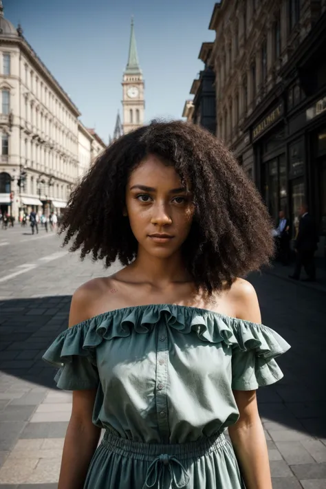 arafed woman with curly hair standing in a city street