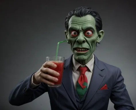 a creepy man holding a drink in his hand and wearing a suit and tie with a red nose and green eyes, Ed Roth, arnold render, a 3D...