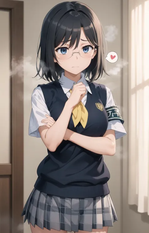 anime girl with short hair and school uniform posing for a picture