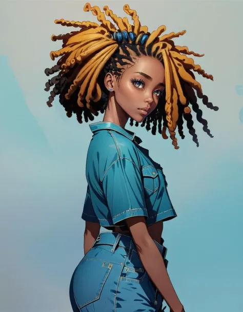 a woman with dreadlocks standing in front of a blue sky