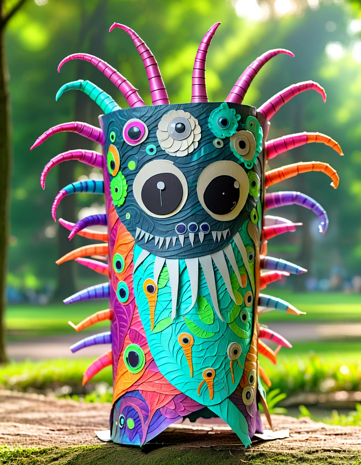 A close up of a colorful paper mache monster on a tree stump - SeaArt AI