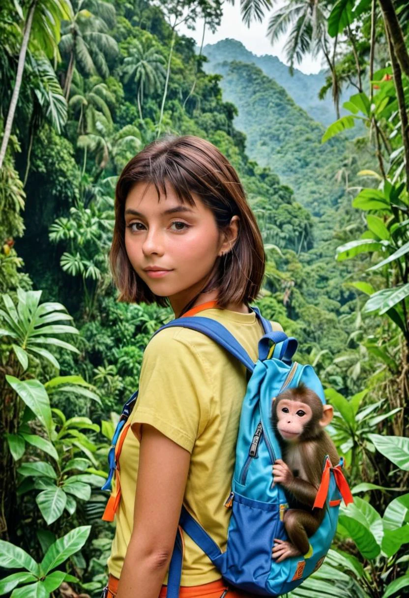 realistic photo of Dora The Explorer, woman, wearing a backpack, with a pet monkey, in the jungle, on an adventure, (masterpiece:1.0), (best quality:1.0), ultra detailed, medium shot