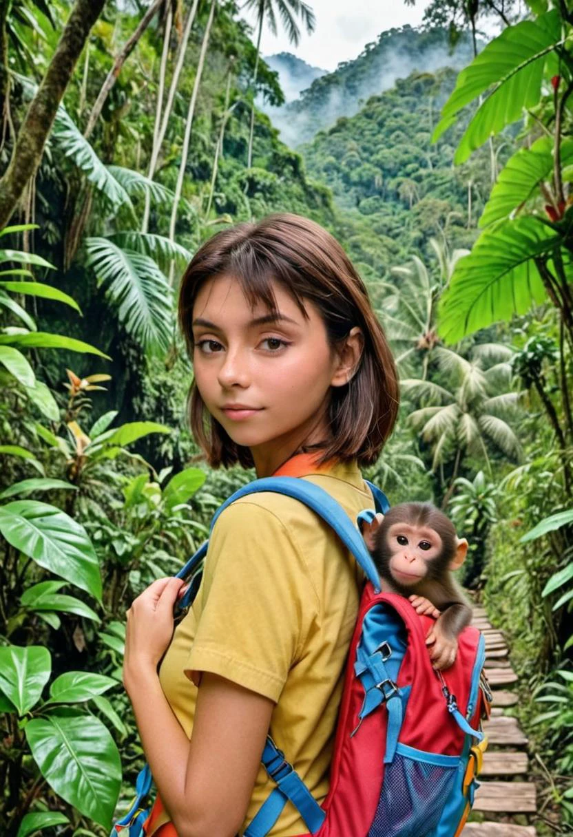 ภาพถ่ายจริงของ Dora The Explorer, ผู้หญิง, สวมกระเป๋าเป้, กับลิงสัตว์เลี้ยง, ในป่า, ในการผจญภัย, (ผลงานชิ้นเอก:1.0), (คุณภาพดีที่สุด:1.0), ละเอียดมาก, ยิงปานกลาง