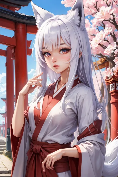 ((best quality)), ((masterpiece)), (detailed), high res,
1girl, solo,
fox girl, medium breasts,
white hair, red eyes,  detailed ...