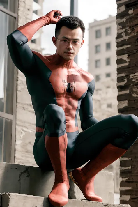 a close up of a man in a spider - man suit sitting on a ledge