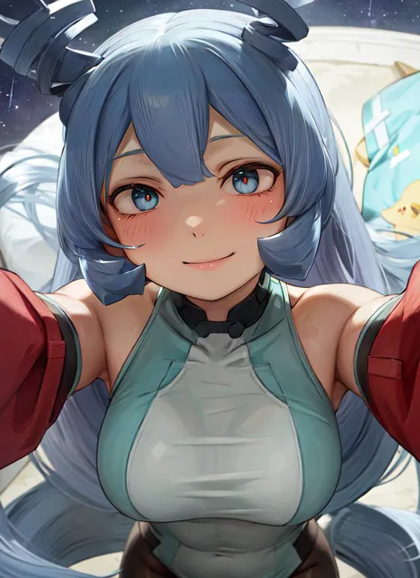 anime girl with blue hair and blue eyes in a white top