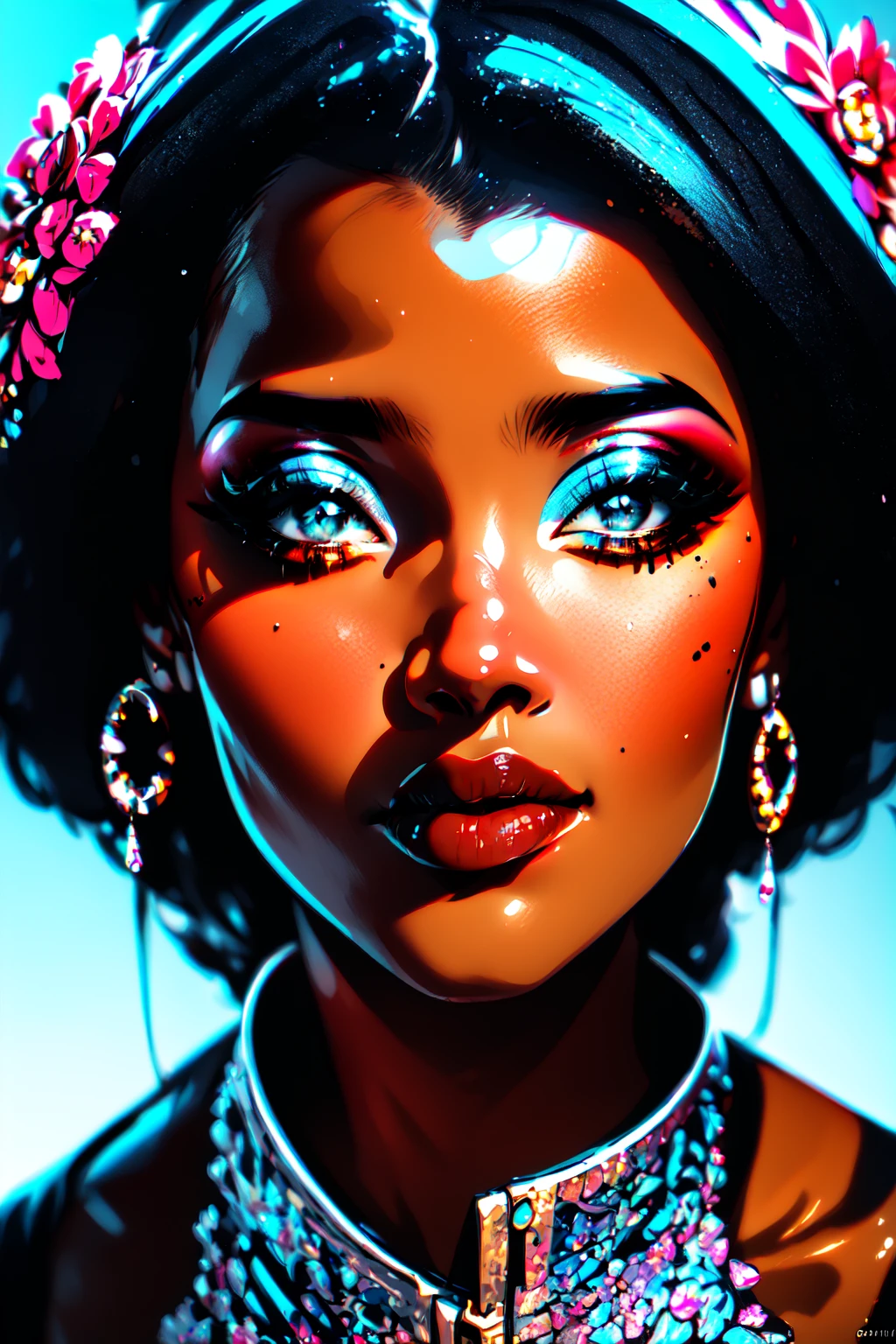 Dark Fantasy,(masterpiece, best quality, ultra-detailed, highres, best illustration),perfect face, ((solo, solo focus)),sidelighting, lustrous skin,(bloom), (shine), ray tracing,1girl, dark skin, dark-skinned female, solo, jewelry, very dark skin, earrings, mole, blue background, smile, looking at viewer, mole under mouth, black hair, blue eyes, curly hair, afro, bare shoulders, makeup, eyeshadow, parted lips, star \(symbol\), watermark, hoop earrings,depth_of_field, city background,very detailed background,extreme light and shadow,(detailed eyes), (beautiful) beautiful detailed eyes, perfect lighting , perfect anatomy,(extremely detailed illustrated 8k wallpaper),(masterpiece), (best quality), (ultra-detailed), (best illustration),(best shadow), vivid colors,