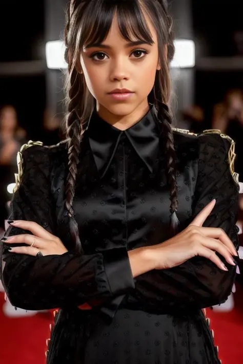 photo of JennaOrtega, a woman as a movie star, modelshoot style, (extremely detailed CG unity 8k wallpaper), Intricate, High Detail, Sharp focus, dramatic,photorealistic painting art by midjourney and greg rutkowski , (frowning, twin braids), ((movie premi...