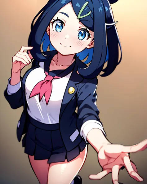 anime girl with blue hair and a pink bow pointing at something