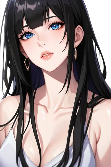 1girl, black hair, blue eyes, closed mouth, collarbone, earrings, jewelry, lips, long hair, looking at viewer, parted bangs, portrait, simple background, solo, white background,(shiny skin),puuzaki puuna,(masterpiece:1.4),(best quality:1.4)