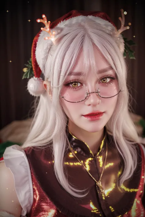 a close up of a woman with glasses and a santa hat