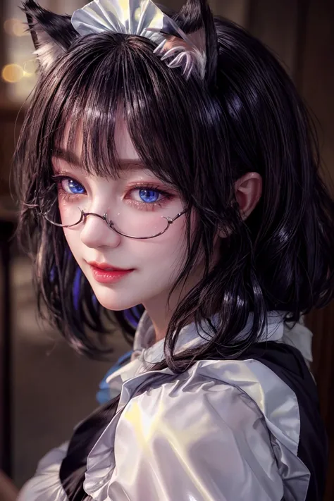 maid, cat ears, blue eyes, 
long hair, 
closeup, slight smile, 
<lora:AilyV1.0-000003:0.8> Aily, glasses,
<lora:more_details:.65> 
<lora:CatgirlMaidV1.0-000003:0.8> CatgirlMaid, shiny, shiny hair, shiny skin, shiny clothes, masterpiece, extreme details, detailed, focus, masterpiece, realistic, photorealistic, 4k, 8k, 16k, highres