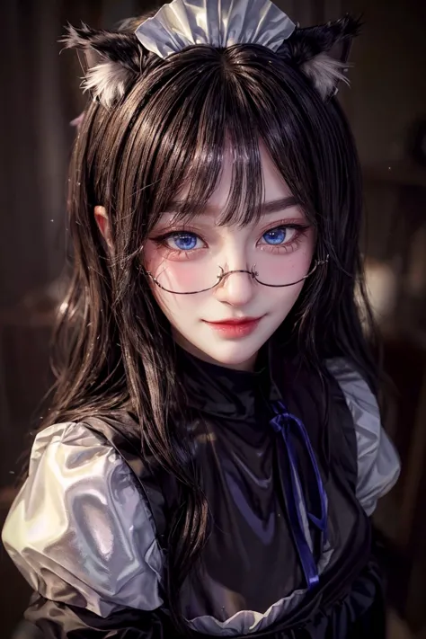 maid, cat ears, blue eyes, 
long hair, 
closeup, slight smile, 
<lora:AilyV1.0-000003:0.8> Aily, glasses,
<lora:more_details:.65> 
<lora:CatgirlMaidV1.0-000003:0.8> CatgirlMaid, shiny, shiny hair, shiny skin, shiny clothes, masterpiece, extreme details, detailed, focus, masterpiece, realistic, photorealistic, 4k, 8k, 16k, highres