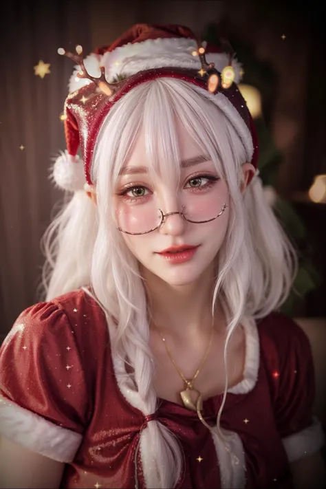 Christmas,
hat,
(white hair:1.3),
(santa costume:1.3),
red clothes, 
sparkles, particles, 
(Christmas lights:1.2), 
(red hat:1.2),
<lora:more_details:0.55>
(antlers:1.2),
closeup, portrait, upper body, 
<lora:AilyV1.0-000003:0.9> Aily, glasses, shiny, shiny hair, shiny skin, shiny clothes, masterpiece, extreme details, detailed, focus, masterpiece, realistic, photorealistic, 4k, 8k, 16k, highres