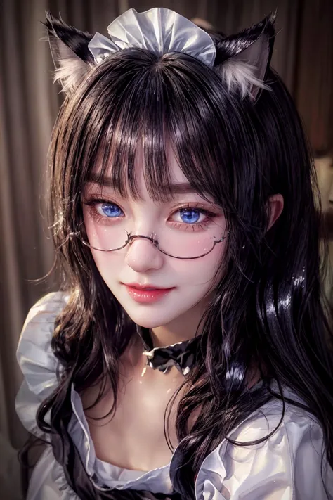 maid, cat ears, blue eyes, 
long hair, 
closeup, slight smile, 
<lora:AilyV1.0-000003:0.8> Aily, glasses,
<lora:more_details:.65> 
<lora:CatgirlMaidV1.0-000003:0.8> CatgirlMaid, shiny, shiny hair, shiny skin, shiny clothes, masterpiece, extreme details, detailed, focus, masterpiece, realistic, photorealistic, 4k, 8k, 16k, highres