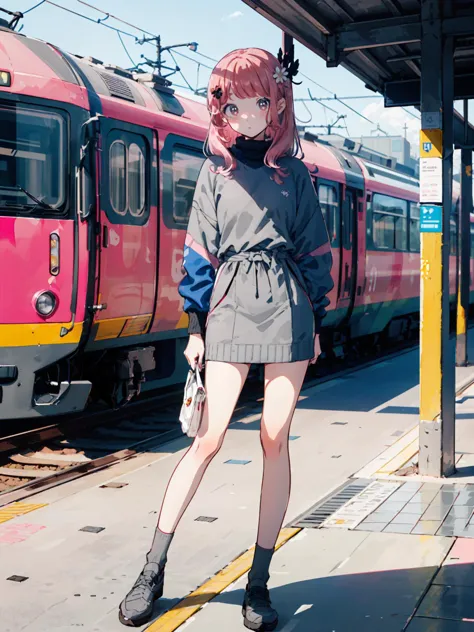 (dappled sunlight, ),(((1girl,pink hair,gray eyes,hair ornament,fullbody shot))),(long hair,swept bangs),(slim fit clothes),(Pastel colors:1.6,clear sky,derby shoes,daisy,train station )  