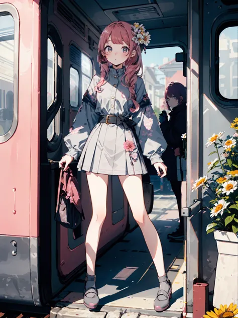 (dappled sunlight, ),(((1girl,pink hair,gray eyes,flower hair ornament,fullbody shot))),(long hair,swept bangs),(slim fit),(Pastel colors:1.6,clear sky,mary janes,daisy,train station )  