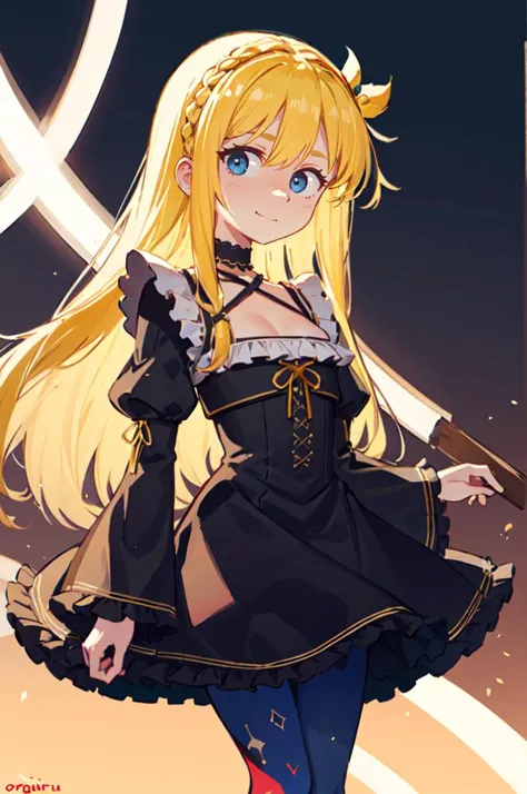 <lora:orenji:1> orenji, blue theme,, absurdres, ultra detailed, masterpiece, best quality, aesthetic, detailed,, solo, soft smile, light smile,
katya1, 1girl, blue eyes, very long hair, blonde hair, long blonde hair, french braid, bangs, medium breasts,, hair ribbon, frilled choker, criss-cross halter, sleeveless dress, high-waist skirt, backless dress, waist bow, detached sleeves, frilled sleeves, wide sleeves, pantyhose, patterned legwear, mary janes,