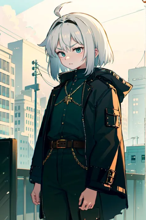 anime girl in black outfit standing in front of a city