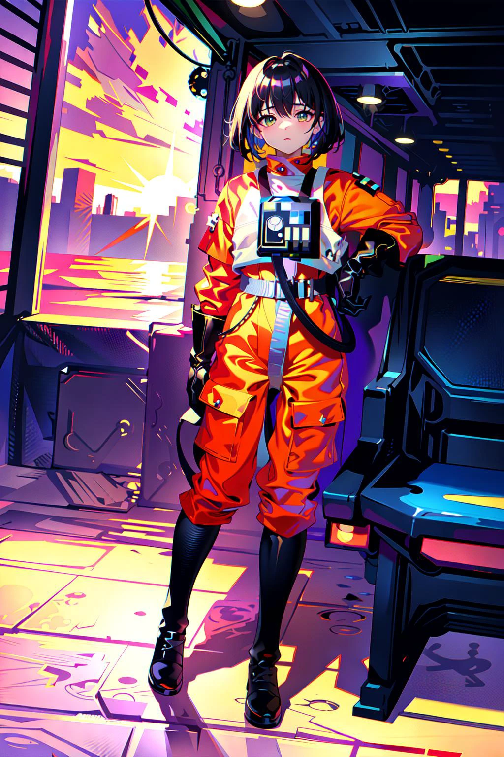 (masterpiece, top quality, best quality, official art, beautiful and aesthetic:1.2),(1girl in rebel pilot suit),extreme detailed,(colorful:1.3),highest detailed,sunset,seat