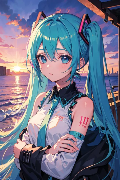 tronco,(obra de arte, qualidade máxima, melhor qualidade, Arte oficial, bonito e estético:1.2),(1 garota),extremamente detalhado,(colorida:1.3),mais detalhado,pôr do sol,mar,Hatsune Miku,