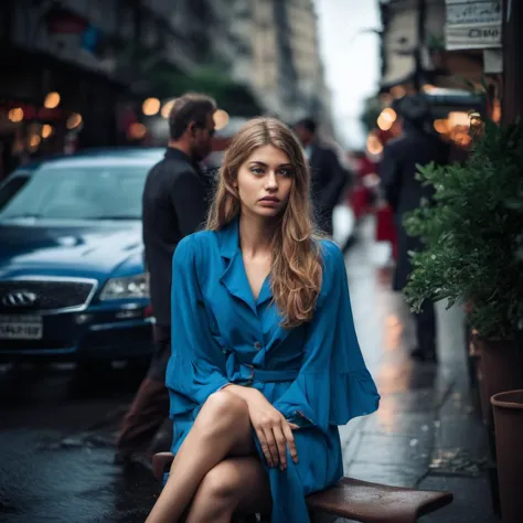 (a young woman wearing a blue dress) sits on a chair on a busy sidewalk. rain.