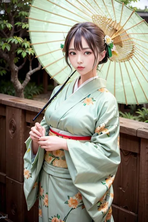 <lora:betterCuteAsian03:0.3>, woman, (wearing green kimono_clothes:1.3), holding umbrella, holiday
good hand,4k, high-res, maste...