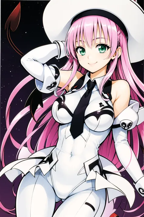 anime girl in white outfit with pink hair and hat