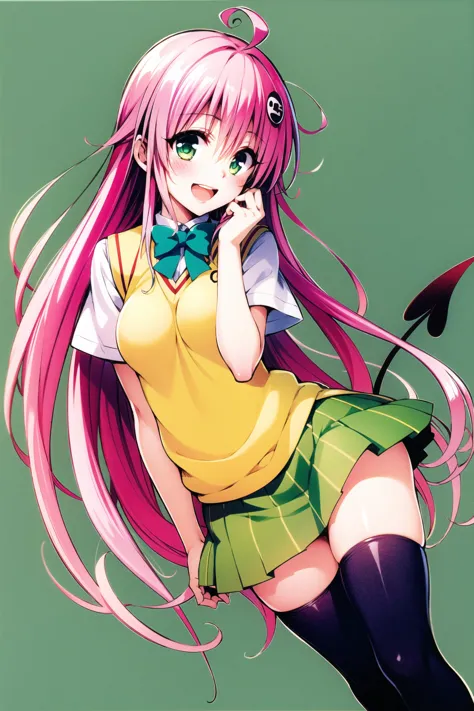 anime girl with pink hair and green skirt posing for a picture