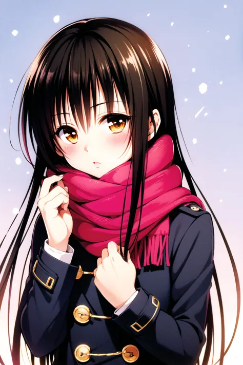 anime girl with long hair wearing a red scarf and coat