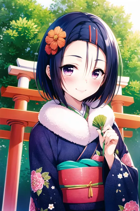 anime girl with a flower in her hair holding a bowl