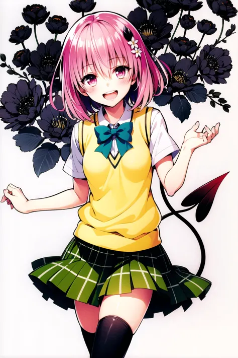 anime girl with pink hair and green skirt and yellow shirt